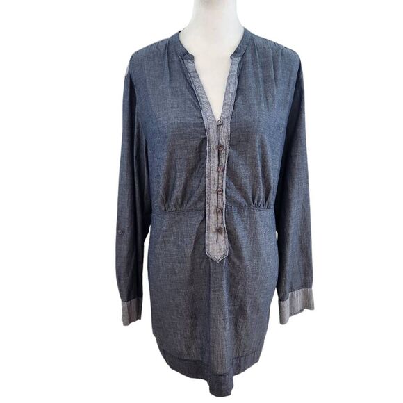 Coldwater Creek Blue Chambray Cotton Half Button-Up Blouse Size Petite Large - Picture 1 of 11